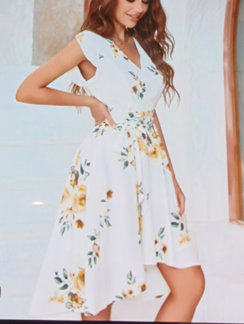 White High-Low Floral Dress with Yellow Rose Print